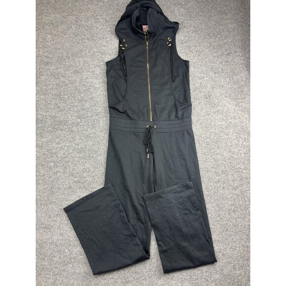 Juicy Couture Jumpsuit Womens Medium Black Hooded Sleeveless Full Zip Drawstring - Picture 1 of 9